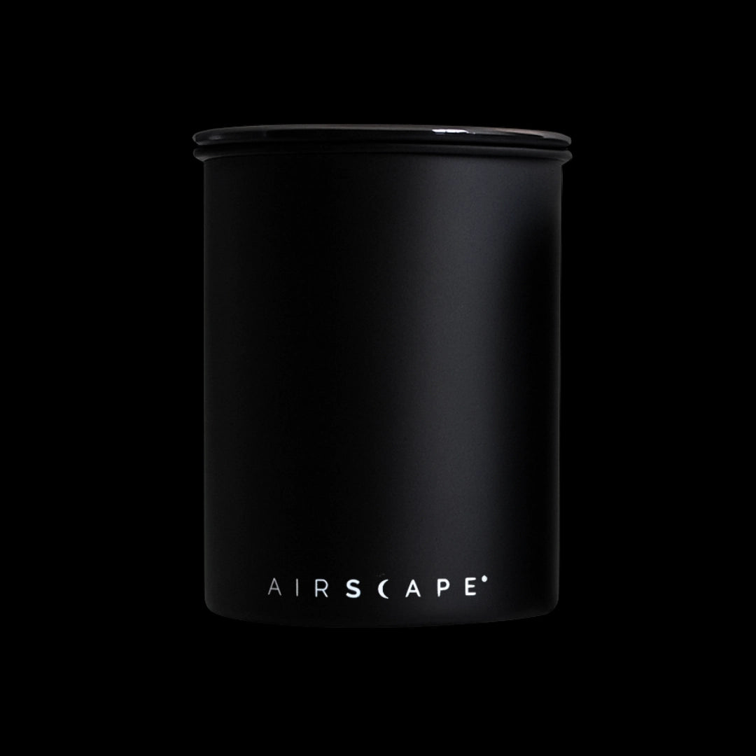 Airscape Coffee Canister Kilo 8" 8 inch coffee air removed displacement vacuum canister coffee tin canister Basic Barista Black coffee can on black background