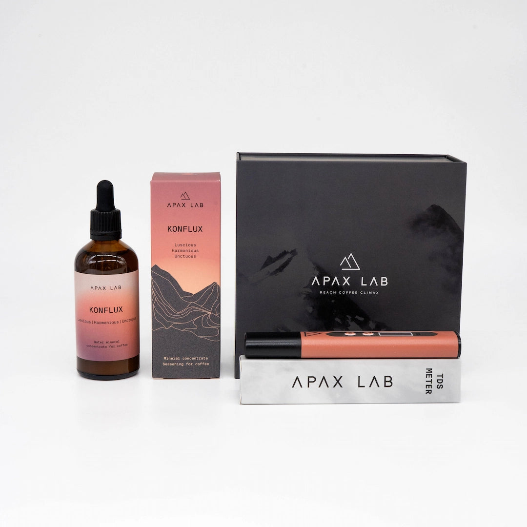 Apax Lab products including a bottle, box, and packaging on a white background Basic Barista Water Brewing Minerals and Water meter tester kit