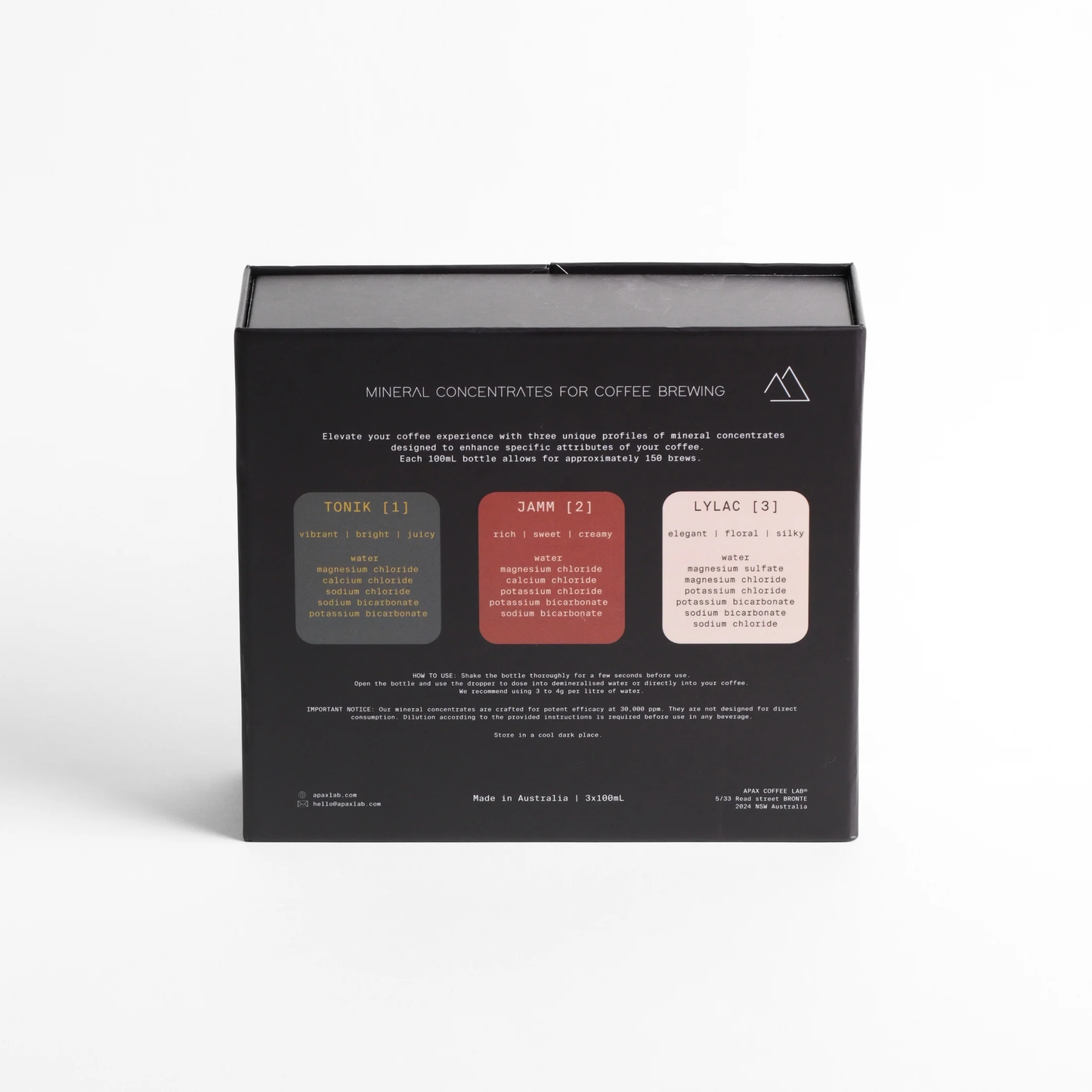 Apax Lab Water Brewing Minerals - Basic Barista Coffee tools Australia Melbourne - Brew minerals for coffee - Tonik (vibrant, bright & juicy) Jamm (Rich, Sweet & creamy) Lylac (Elegant, Floral & Silky)