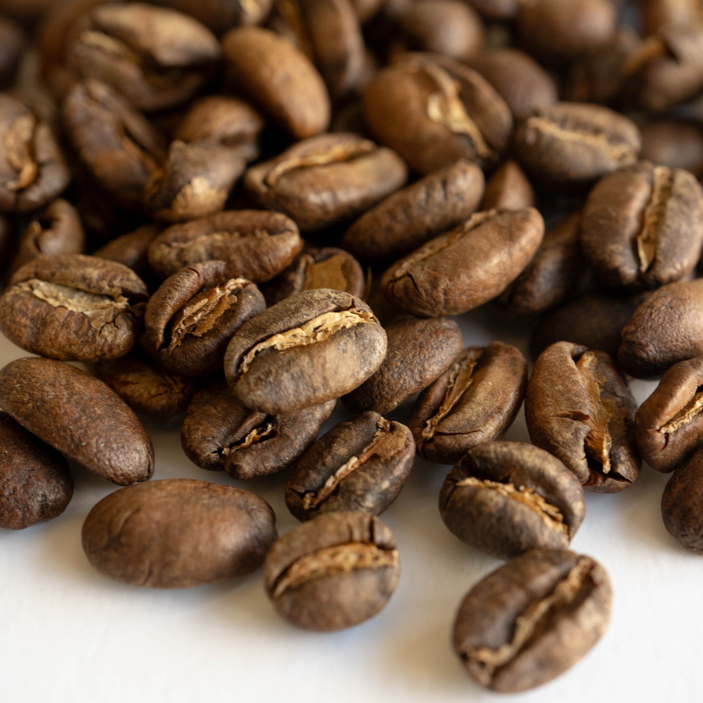 Gesha Oasis Basic Barista Specialty Coffee Beans - Filter Roasted coffee for pour over coffee brewing Close-up of roasted coffee beans on a white background