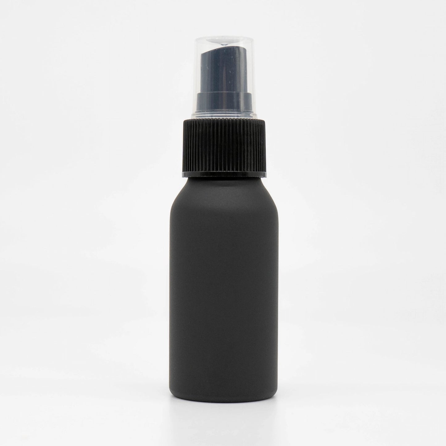 Basic Barista Matte Black RDT Spray Bottle 50ml on White Background Clear Plastic Lid