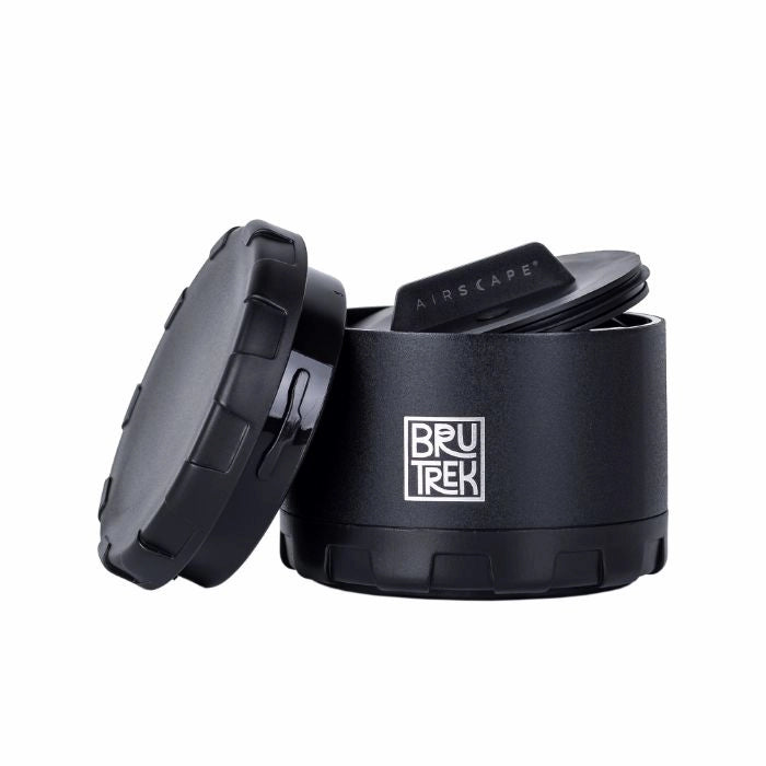 Black container with 'BRUTREK' logo on a white background Cargo mini rugged Airscape Coffee Canister