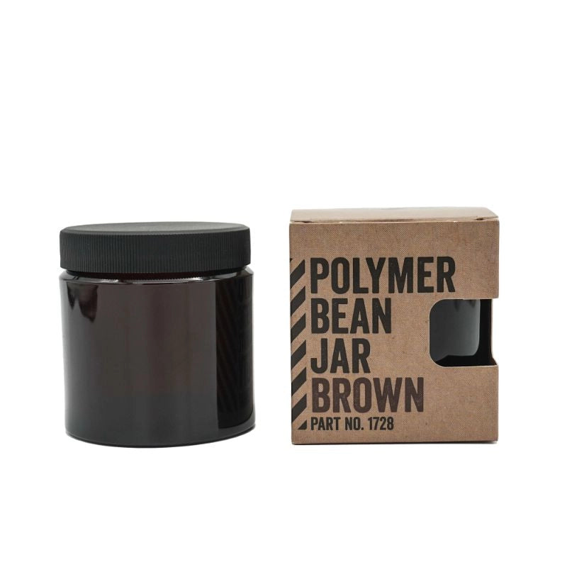 Comandante polymer bean jar with a cardboard box labeled 'Polymer Bean Jar Brown' on a white background
