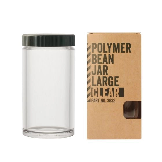 Clear polymer bean jar with black lid and cardboard box on a white background Comandante Branded Coffee Bean Jar