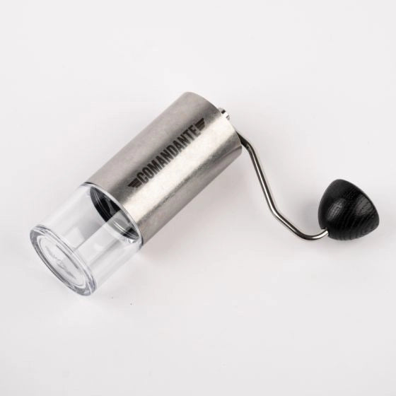 Comandante coffee grinder with 'Comandante' branding, Stainless Steel Comandante C40 Tigershark Burrs Lab Series Coffee Grinder on a white background