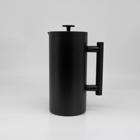Black Stainless Steel French Press pitcher Espro P6 Matte Black Design handle on a Grey background Basic Barista French Press