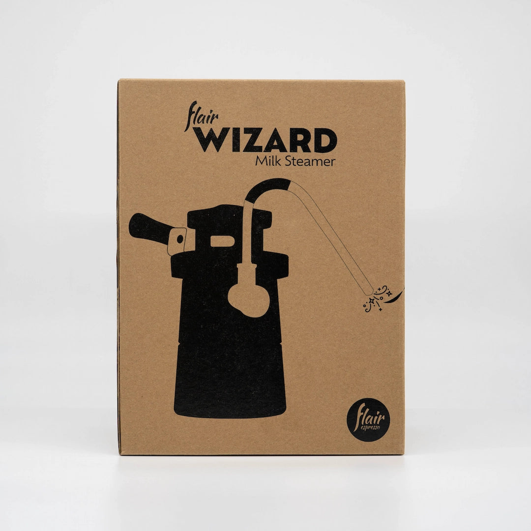 Box of Flair Wizard Steamer stovetop Milk foamer Basic Barista Coffee Gear on a white background