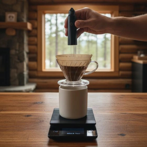 Hand using Nucleus Bloom WDT Tool on a coffee dripper on a digital scale in a cozy indoor setting Basic Barista