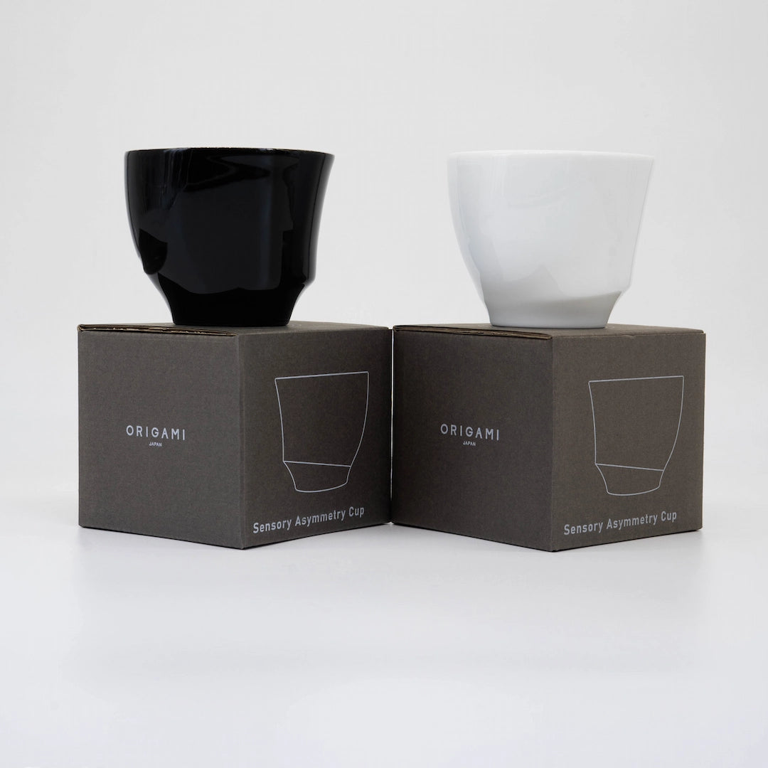 Origami Sensory Asymmetry Cups Black and white on Box on their packaging - Filter coffee cups ceramic coffee cups Basic Barista Online Coffee Gear Australia Melbourne on a white background Origami Japan Porcelain coffee cups