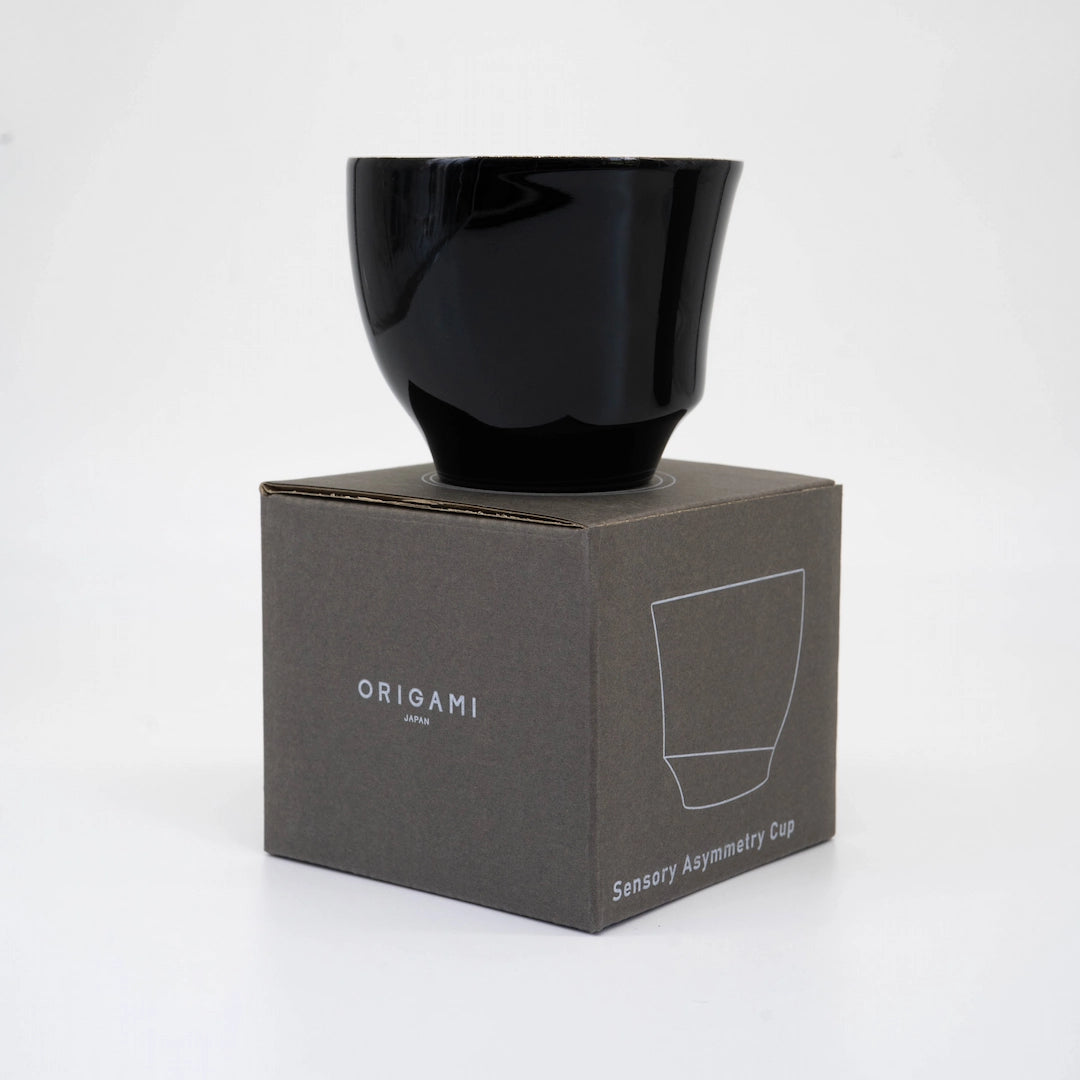 Origami Sensory Asymmetry Cups Black on Box Filter coffee cups ceramic coffee cups Basic Barista Online Coffee Gear Australia Melbourne on a white background Origami Japan Porcelain coffee cups