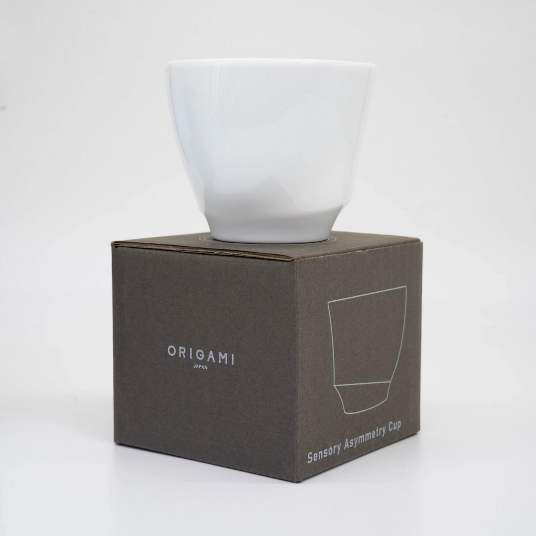 Origami Sensory Asymmetry Cups White on Box Filter coffee cups ceramic coffee cups Basic Barista Online Coffee Gear Australia Melbourne on a white background Origami Japan Porcelain coffee cups