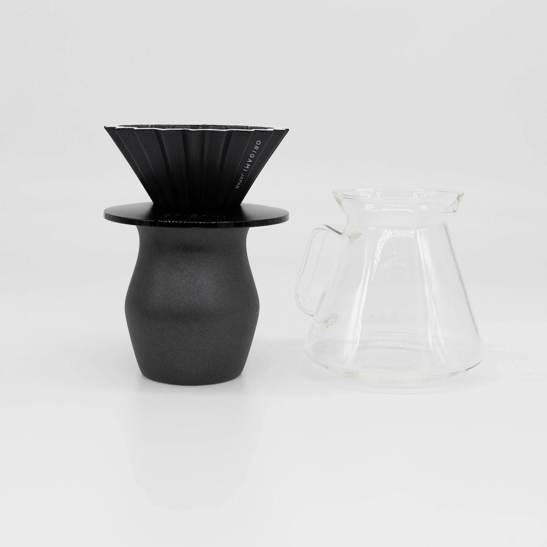Origami Dripper Matte Black Pour Over Coffee Kit Limited Edition Bundle Basic Barista Coffee Gear on white background with glass carafe