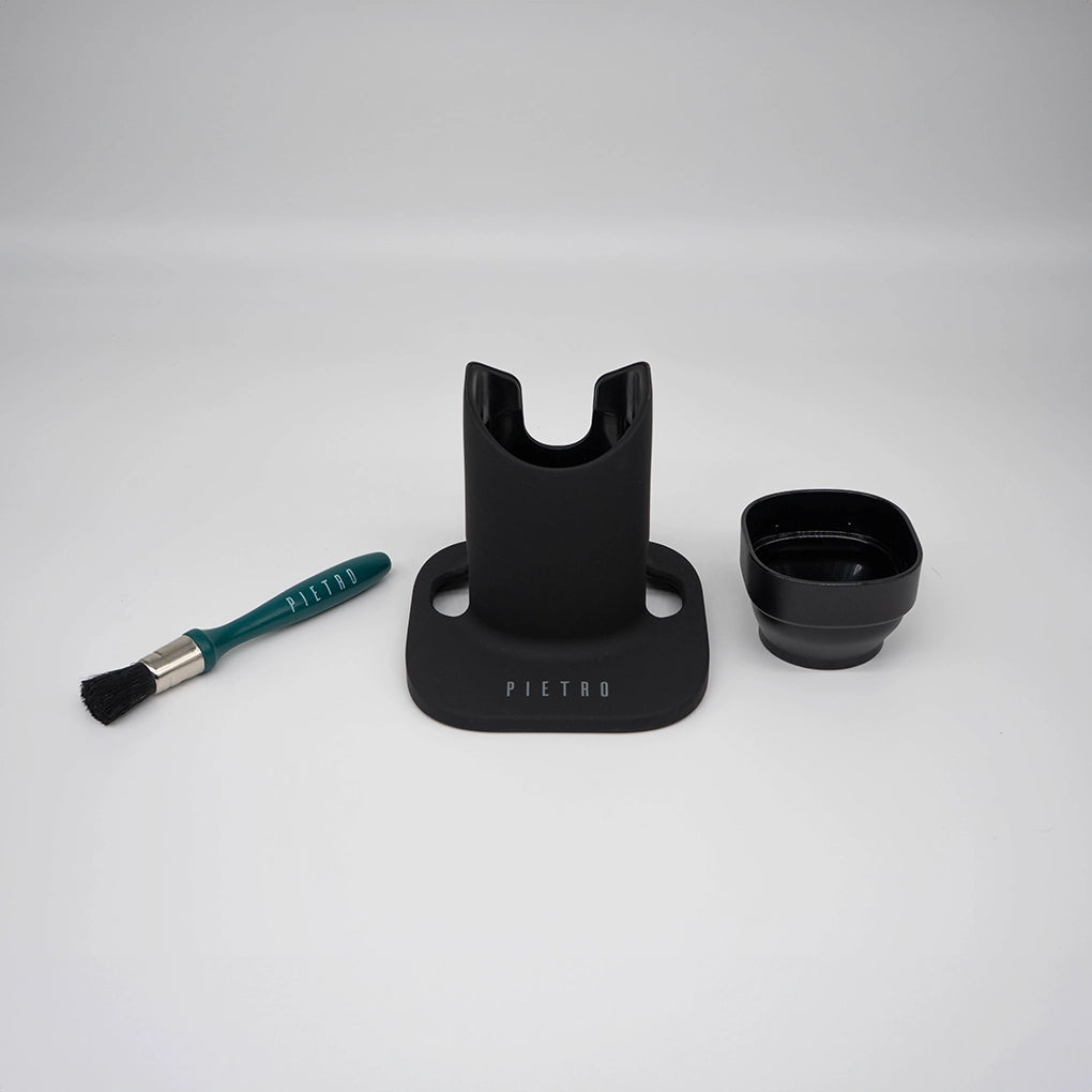 Pietro Add On Pack Coffee Grinder Stand Coffee Dose Funnel and Coffee Grinder Brush all on a white background Basic Barista Coffee Grinder Coffee Gear and accessories