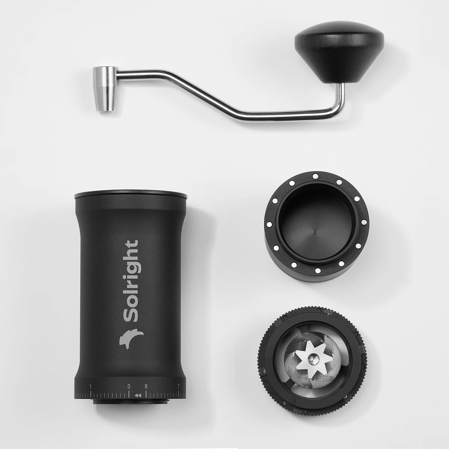 Black Solright DB1 Coffee Grinder Components, Grey background Basic Barista