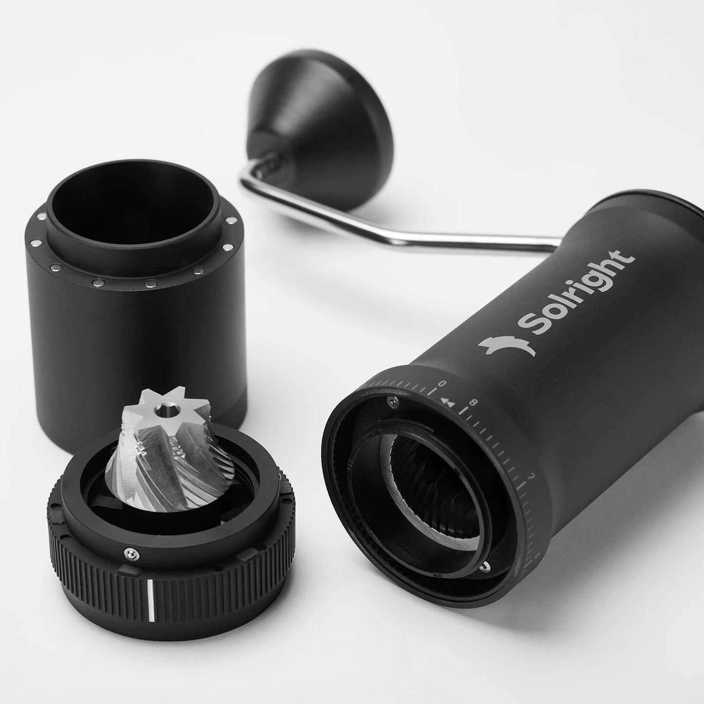 Solright DB1 Black Grinder Disassembled Burrs With magnetic catch cup Basic Barista Coffee Grinder White Background
