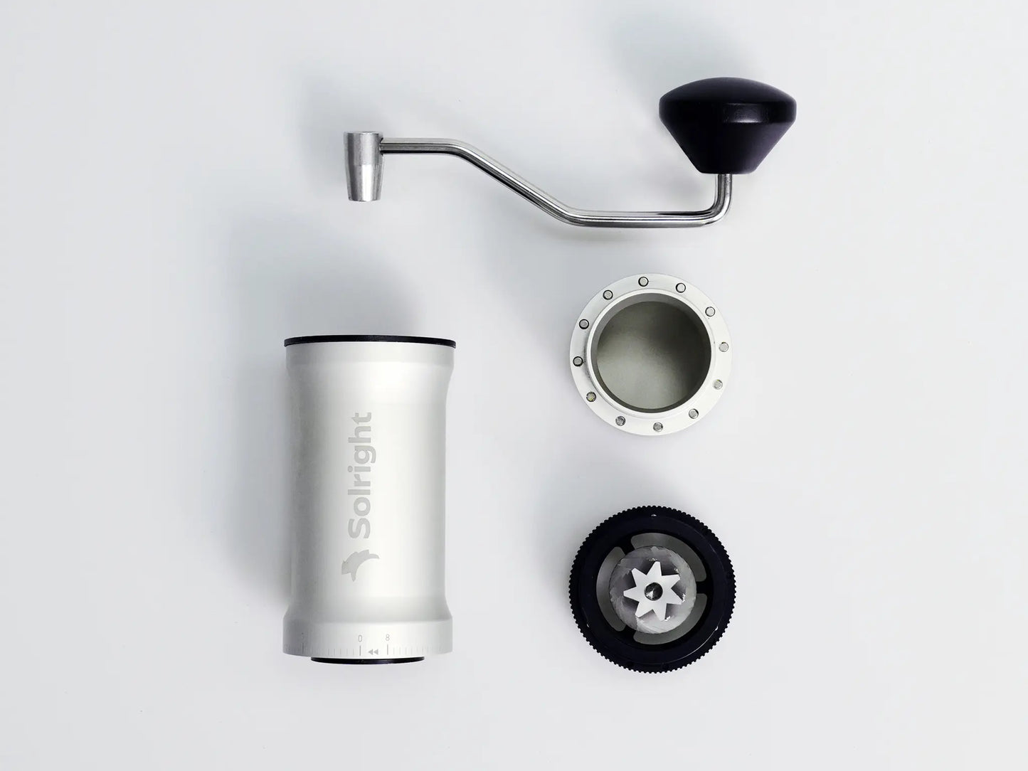 Solright DB1 Coffee Grinder Components Silver, Grey background Basic Barista