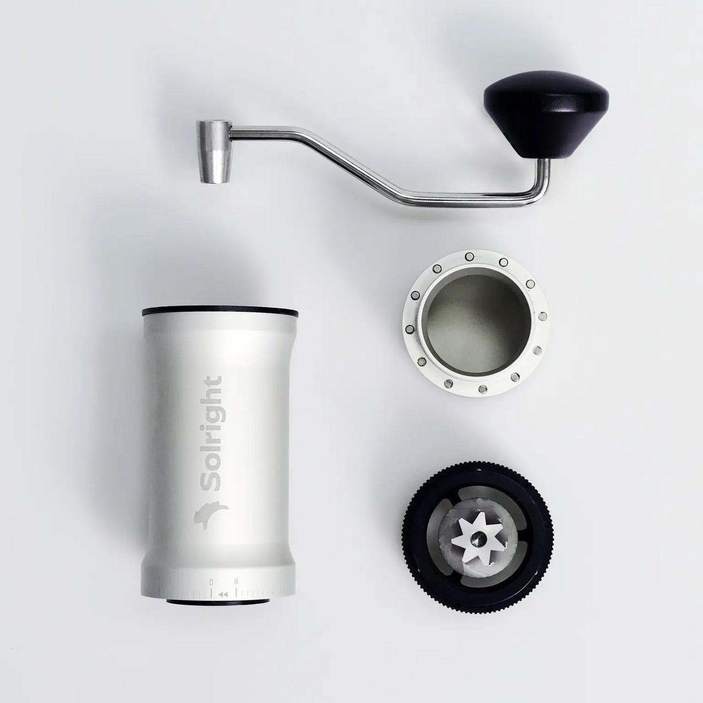 Solright DB1 Coffee Grinder Components Silver, Grey background Basic Barista