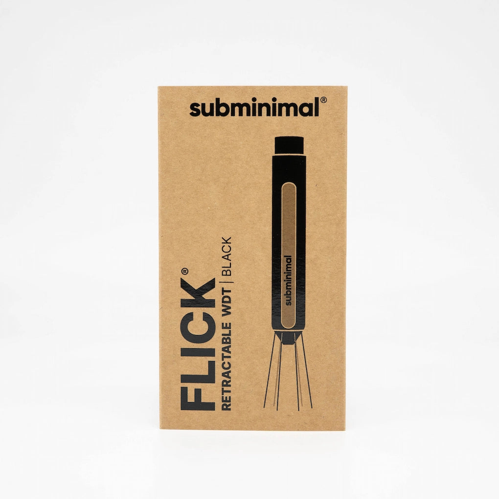 Subminimal Flick, Retractable WDT Tool Black Card packaging on white background Basic Barista Coffee Gear