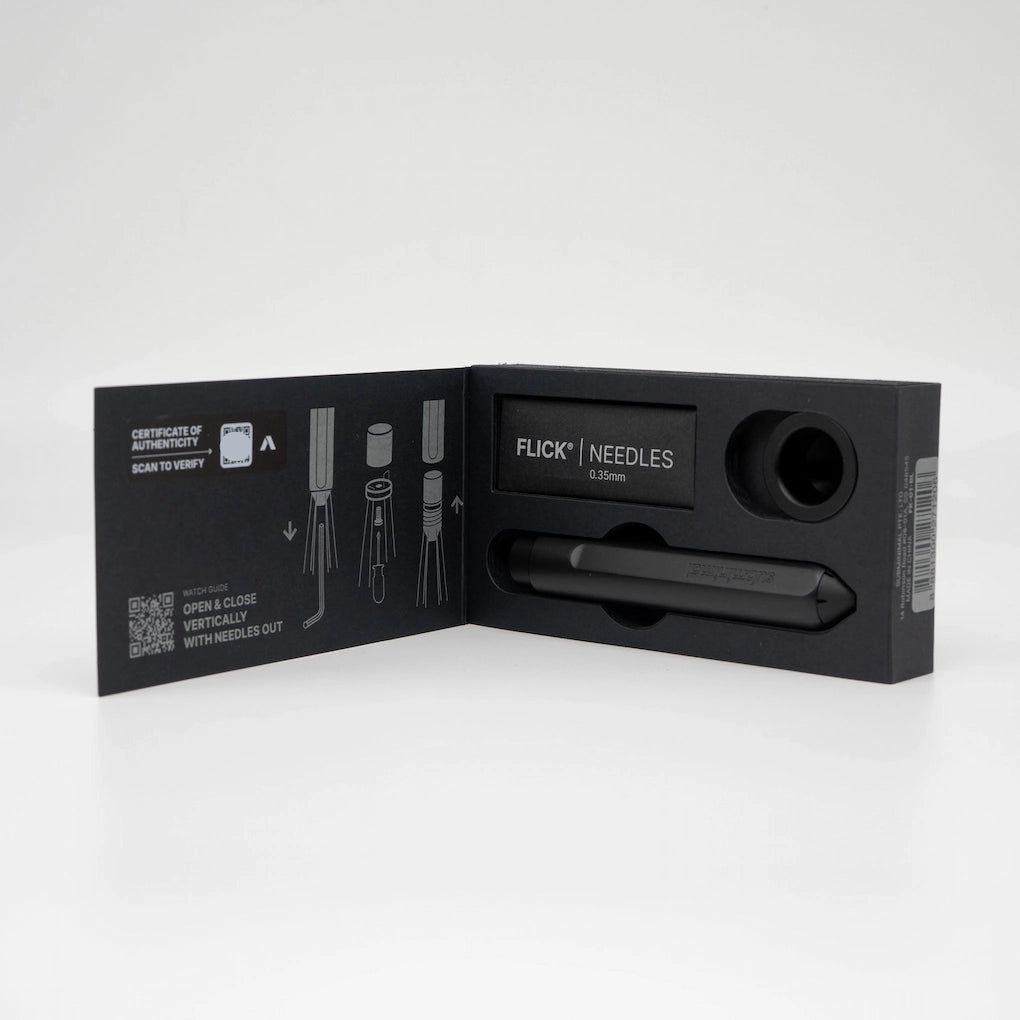 Subminimal Flick Black inner packaging New Packaging WDT Tool on White Background Basic Barista Coffee Gear
