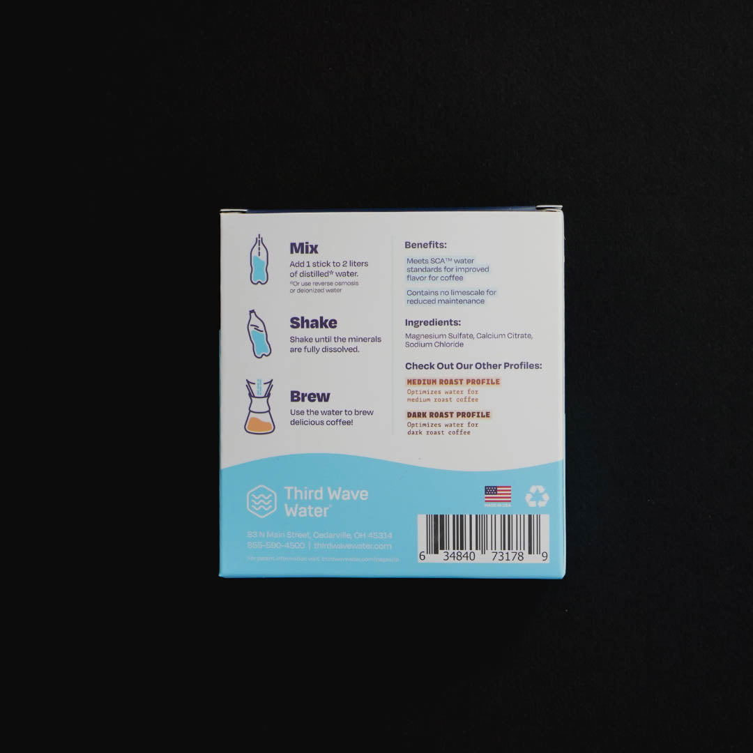 Third Wave Water Classic Light Roast Profile Water Minerals Sachet Coffee Brewing Water 2l Sachets of powder minerals to remineralise coffee brewing water - Back of box