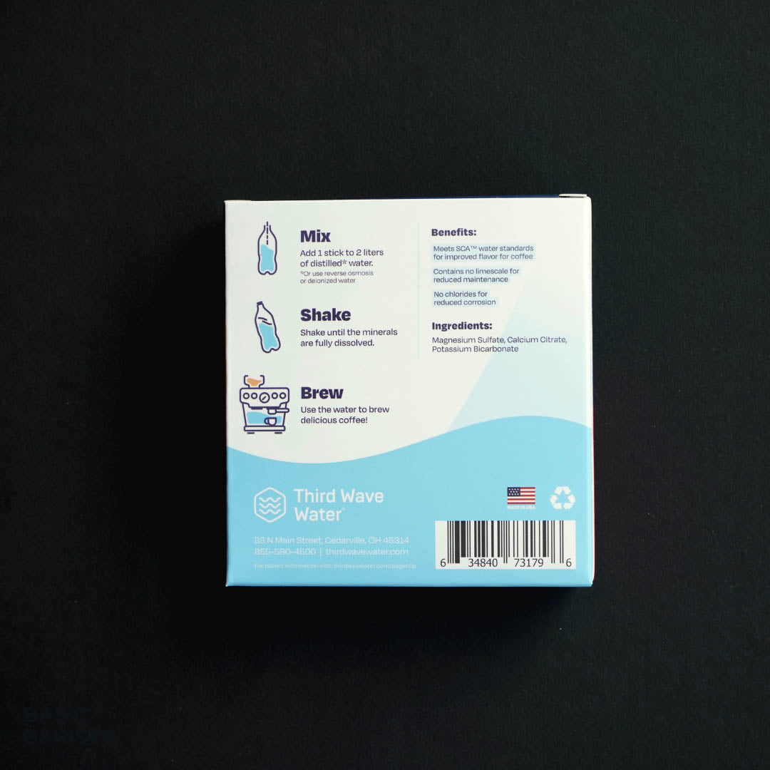 Third Wave Water Espresso Profile Water Minerals Sachet Coffee Brewing Water 2l Sachets of powder minerals to remineralise coffee brewing water back of box instructions