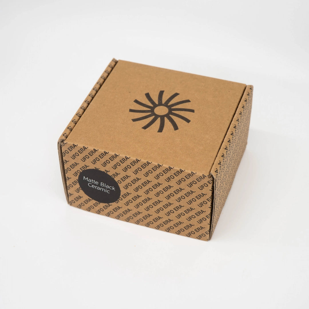 UFO Dripper Ceramic Matte Black Pour Over Coffee Dripper, Brown Box top view on white background Basic Barista Coffee Gear Online
