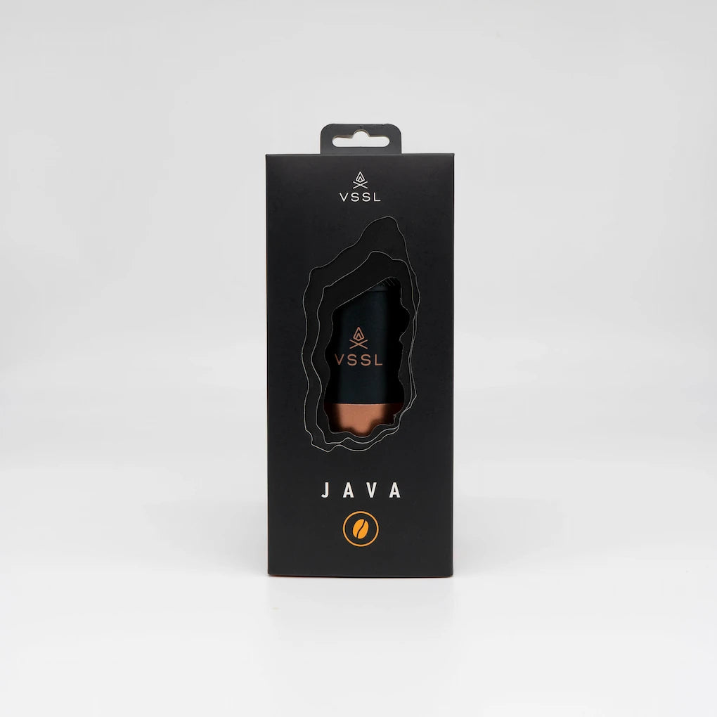 Black packaging of VSSL Java Grinder with a clear window showing the product inside on a white background Basic Barista Coffee Grinder Golden brown coffee bean logo on front