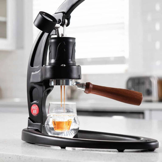 Flair 49 Pro Black manual lever espresso machine with wooden handle on a white background Basic Barista Espresso Shot