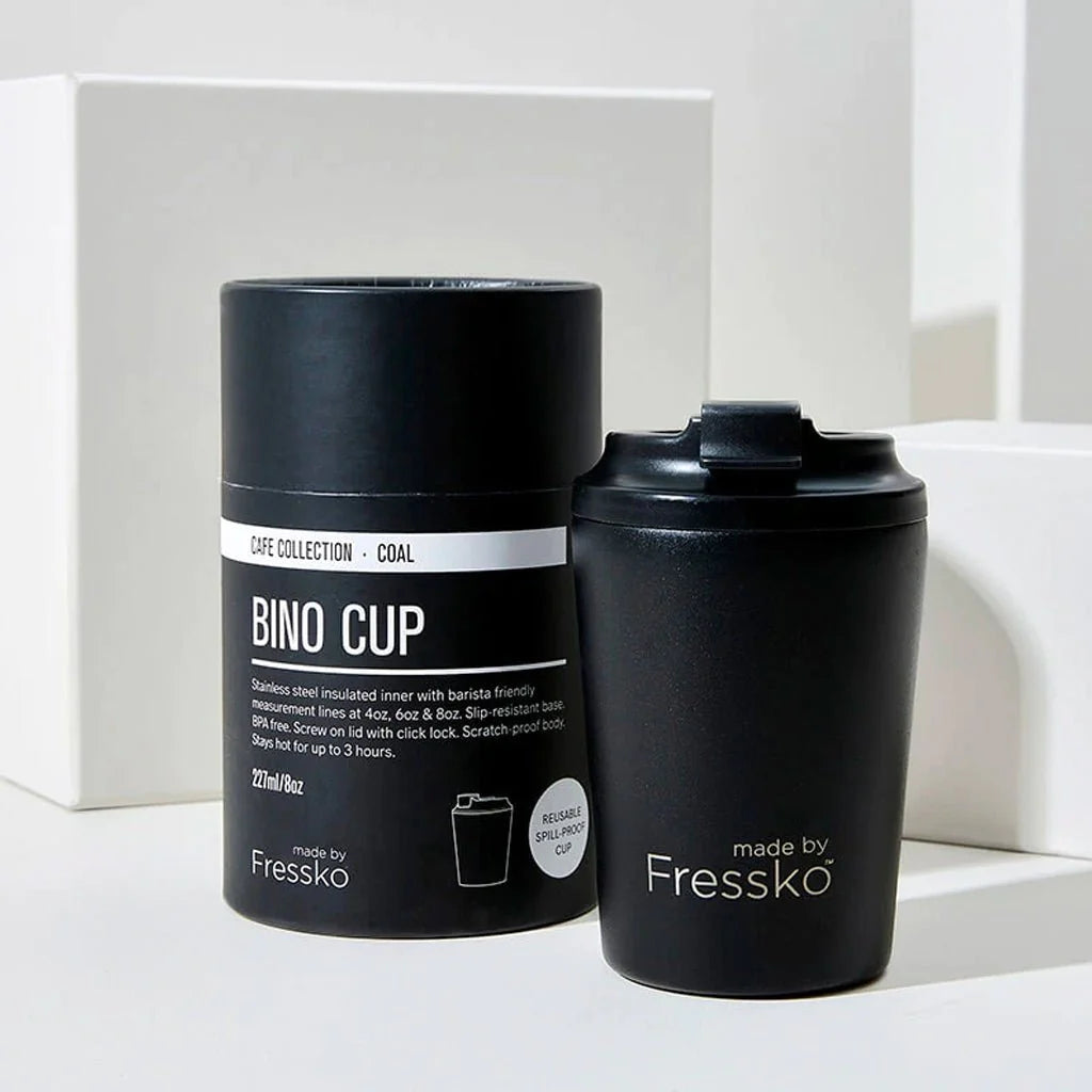 Fresko Bino 8oz coffee cup reusable travel coffee keep cup Black matte black plain coffee cups Melbourne Australia Northcote Victoria eco friendly sustainable eco packaging coffee cup no waste zero waste coffee cafe cups