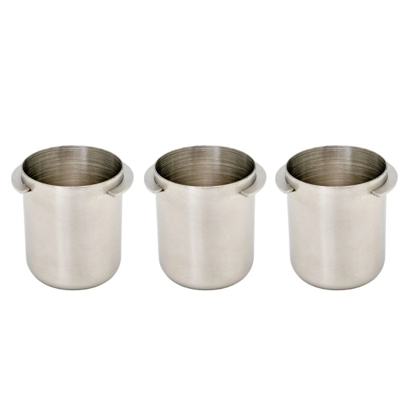 Three stainless steel coffee dosing cups on a white background - Precision and calibrated to have the same weight Basic Barista Precision Cafe Dosing Cups