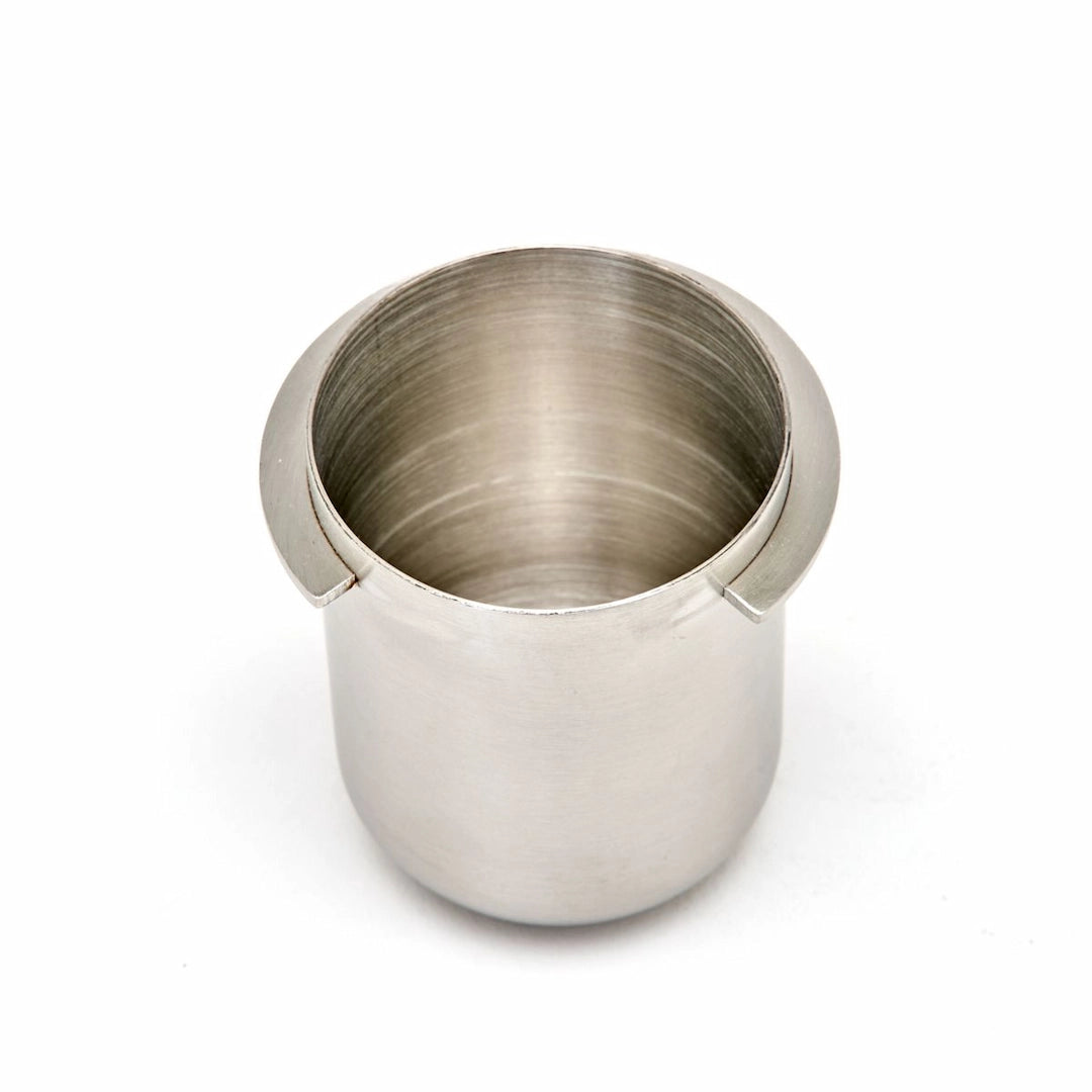 Stainless steel coffee dosing cup for grinder on a white background - Espresso dose cup Portafilter coffee grounds funnel Basic Barista Espresso coffee gear
