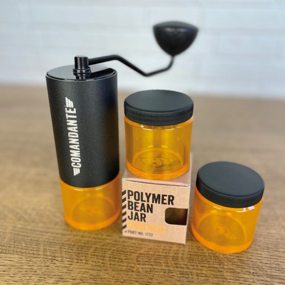 Comandante Polymer Bean Jar Beans Dosing glass Red jar Orange Jar Pink Jar Dosing container colourful new comandante jar Basic Barista Australia Melbourne Coffee Brewing Gear Barista Kit Brewer Dripper Aeropress Coffee grinder Comandante Accessories