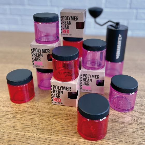 Comandante Polymer Bean Jar Beans Dosing glass Red jar Orange Jar Pink Jar Dosing container colourful new comandante jar Basic Barista Australia Melbourne Coffee Brewing Gear Barista Kit Brewer Dripper Aeropress Coffee grinder Comandante Accessories