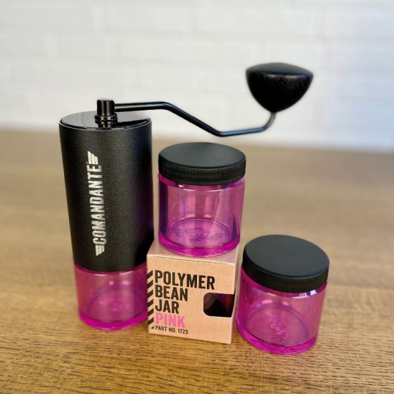 Comandante Polymer Bean Jar Beans Dosing glass Red jar Orange Jar Pink Jar Dosing container colourful new comandante jar Basic Barista Australia Melbourne Coffee Brewing Gear Barista Kit Brewer Dripper Aeropress Coffee grinder Comandante Accessories