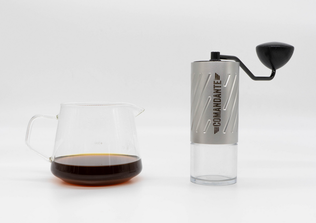 Best way to make coffee at home - Basic Barista Comandante C60 grinder with Glass coffee server full of pour over filter coffee Basic Barista Coffee At Home