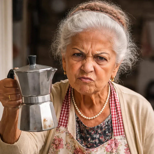Angry Nonna holding a Moka Pot - Basic Barista Coffee Gear 5 Coffee Myths Nonna Is Still Spreading!