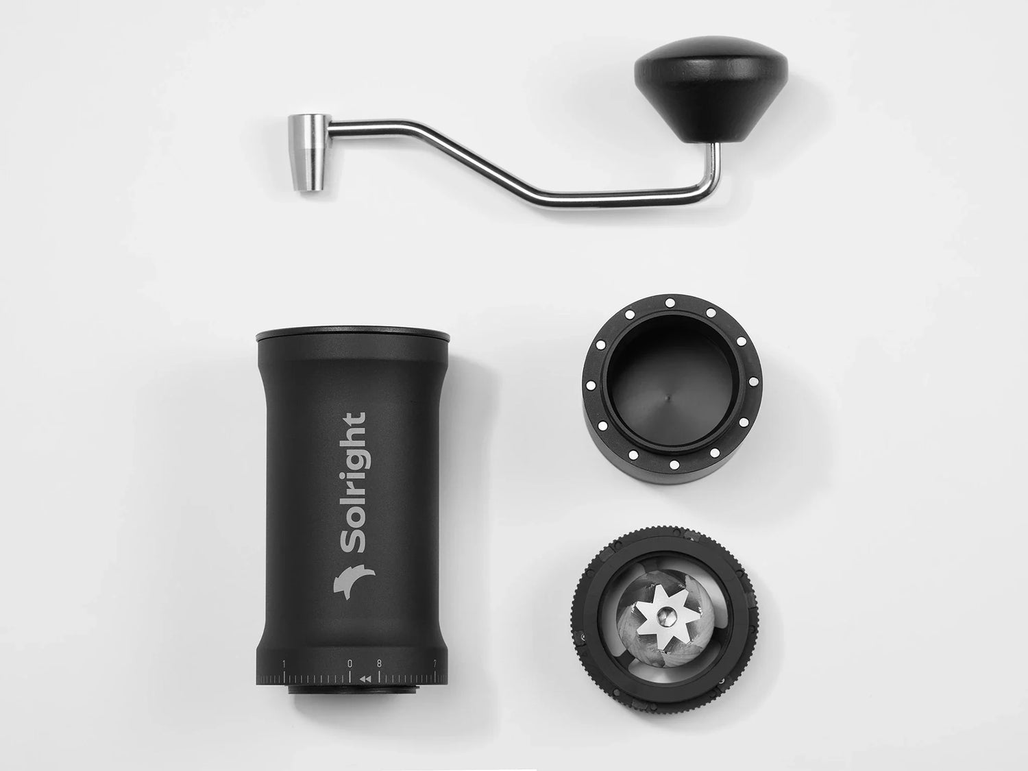 Solright DB-1 Coffee Grinder db1 Basic barista pour over coffee gear Travel coffee grinders Black grinder disassembled white background