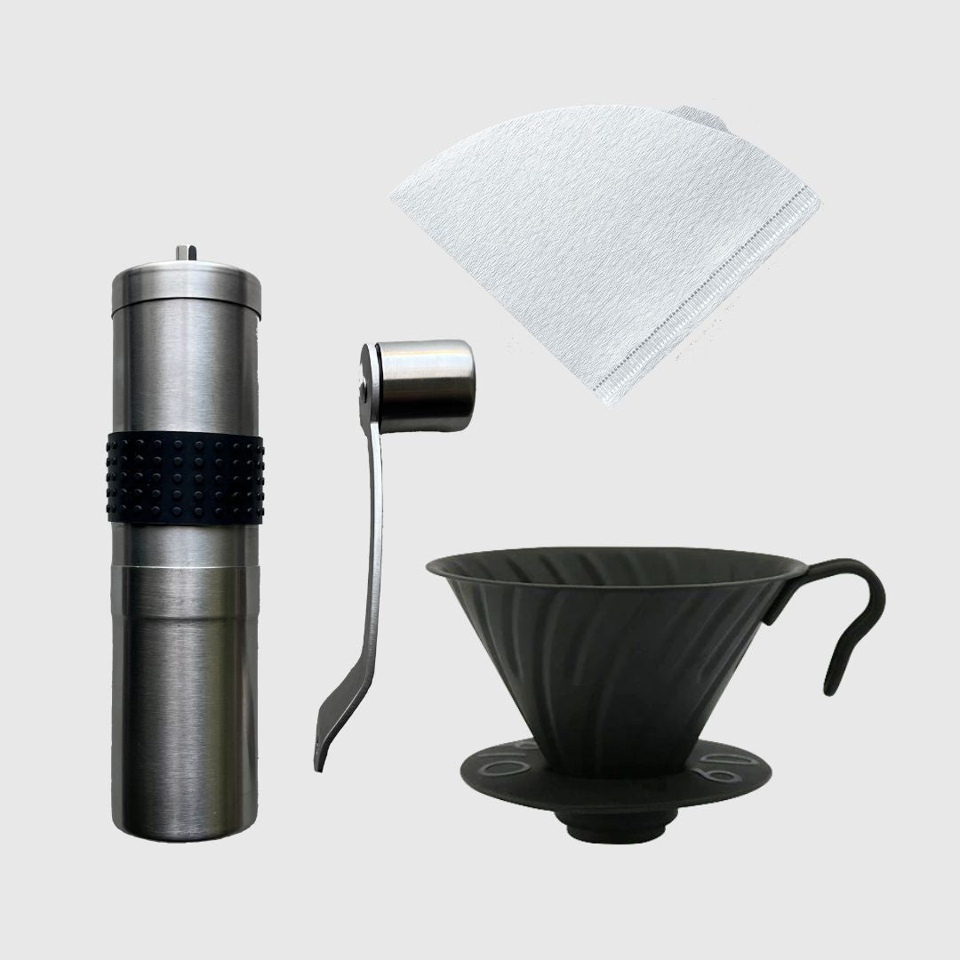 The Basic Barista Pour Over Coffee Kit Basic Kit Coffee Brewing Gear Barista Basics Coffee dripper entry level budget grinder cone filter