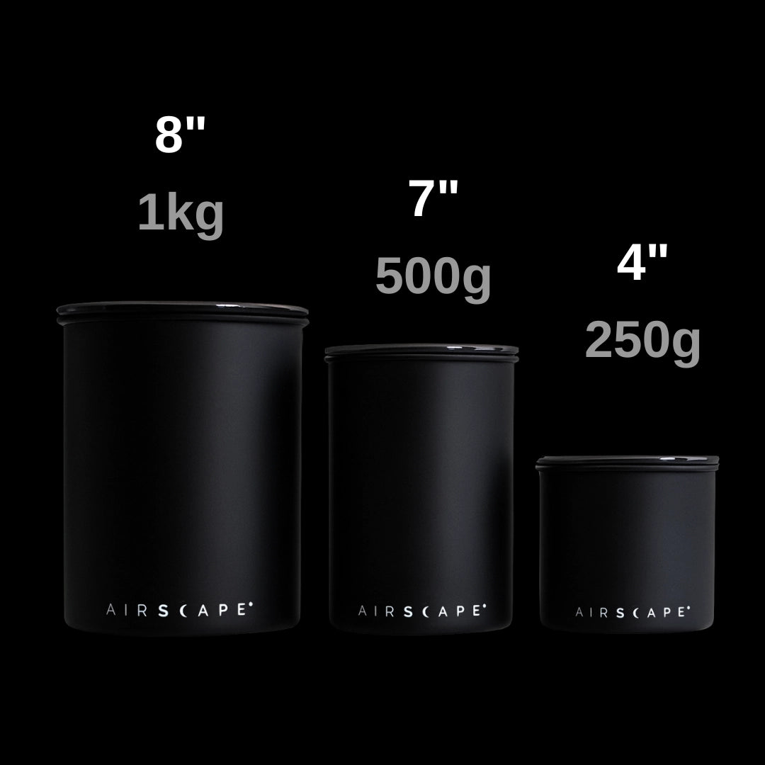 Three black airscape containers of different sizes with labeled weights on a black background Basic Barista Airscape Sizing