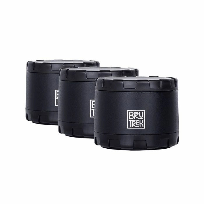Three black rugged canisters - Airscape Cargo mini Bru Trek coffee canisters for travel coffee gear Basic Barista