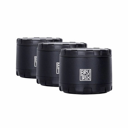 Three black rugged canisters - Airscape Cargo mini Bru Trek coffee canisters for travel coffee gear Basic Barista