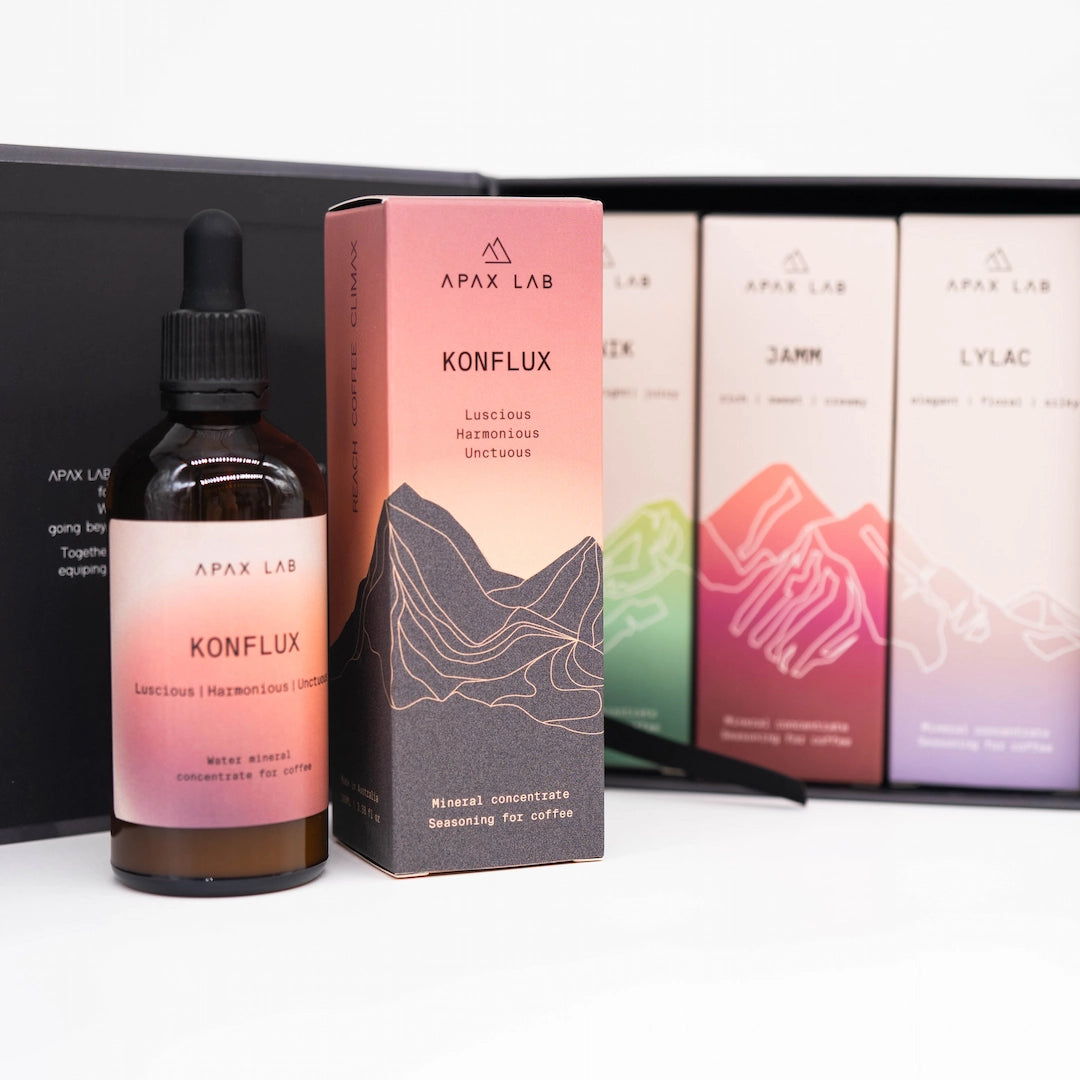 Apax Lab Konflux bottle and packaging with gradient colour design Complete set Basic Barista