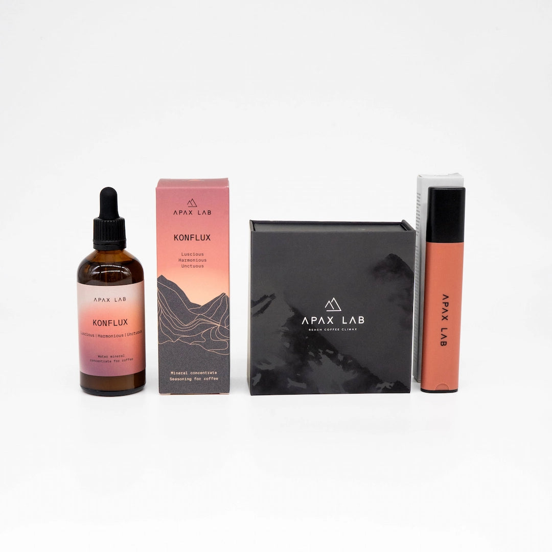 Apax Lab products including a bottle, box, and Water TDS Meter on a white background Apax Nano Basic Barista Coffee Gear