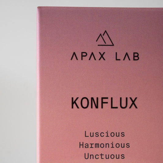 Product packaging with 'Apax Lab' branding and 'Konflux' product name on a grey our background. Basic Barista Apax Water minerals Konflux