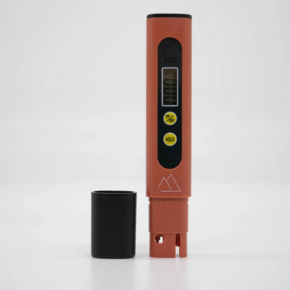 Red digital TDS meter Pen with black case on a white background Apax lab water meter pen