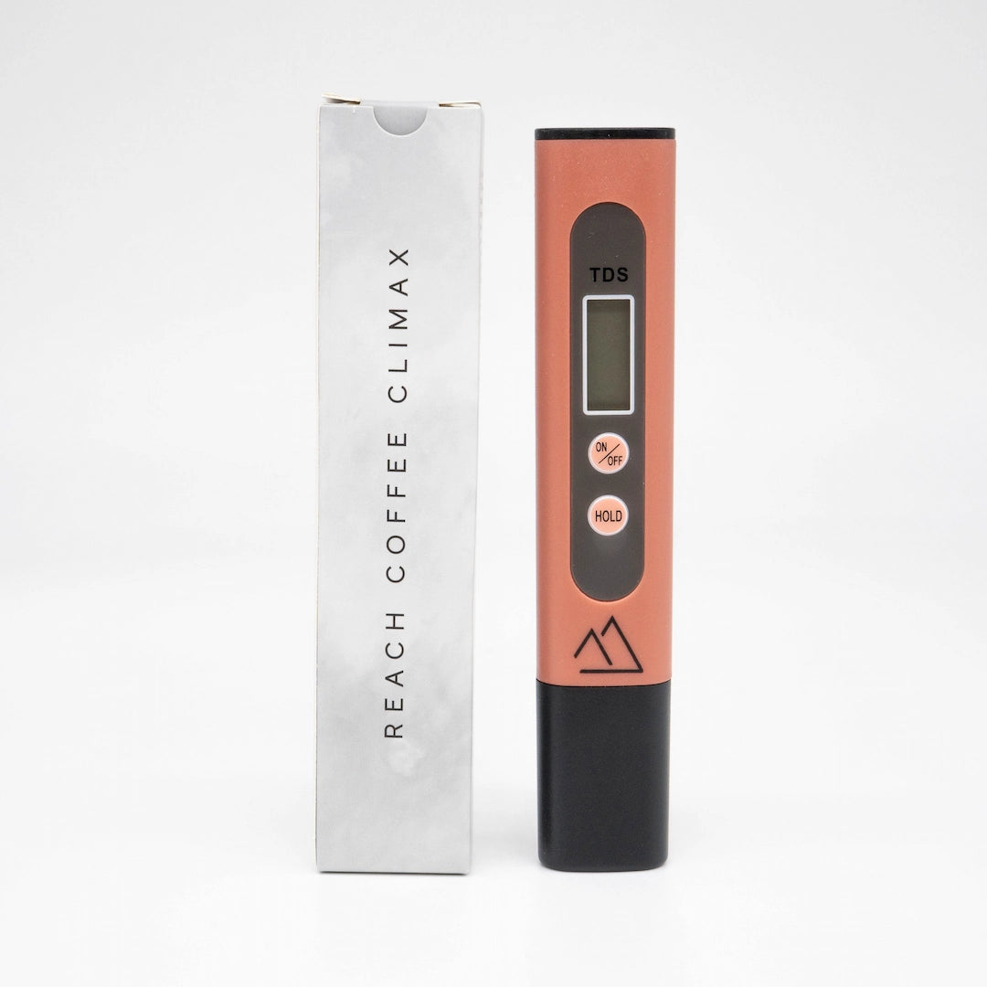 Apax lab water meter pen and packaging 'Reach Coffee Climax' on white background