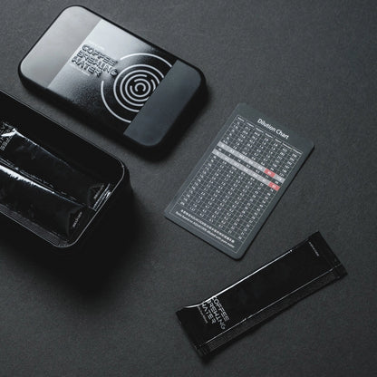 Black 'Aquacode' Tin of water brewing mineral sachets (liquid form) and dilution chart resting on black paper background with dark shadows - Basic Barista Product Image