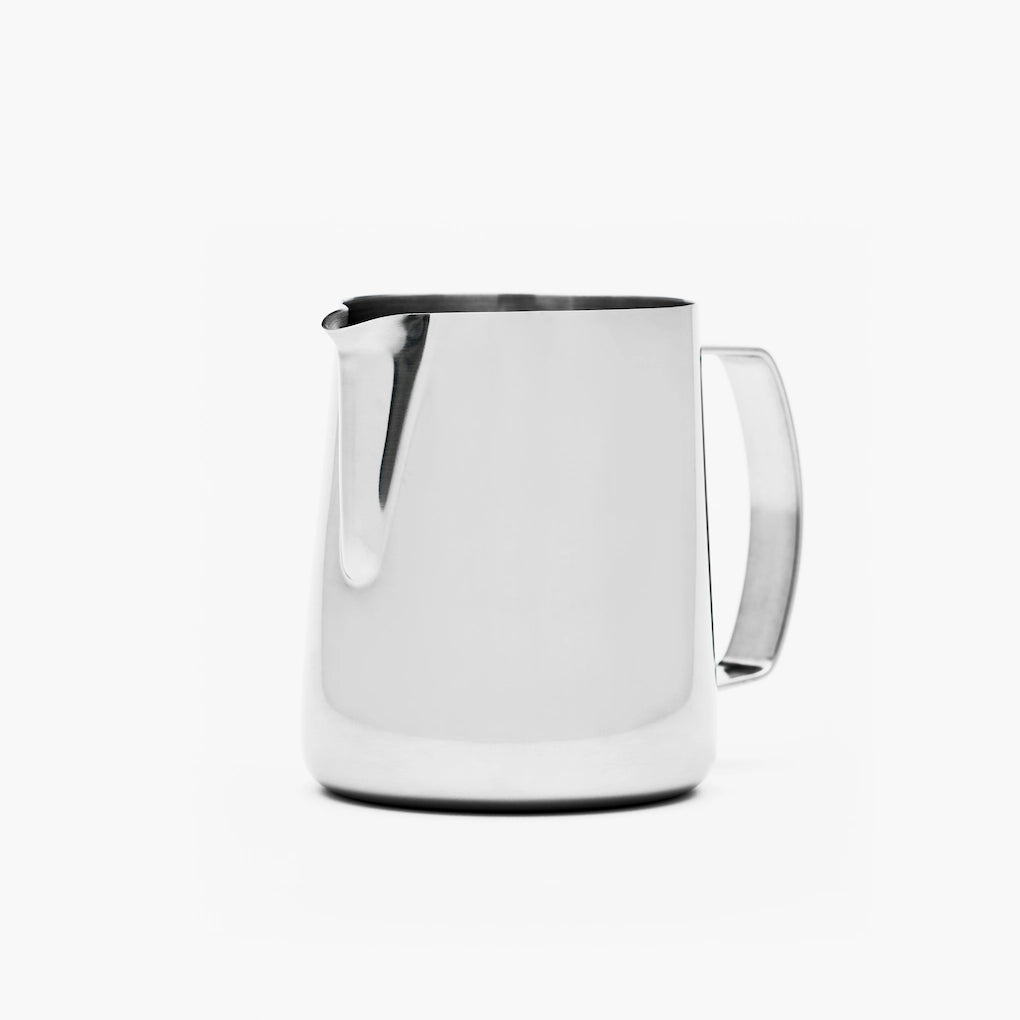 Barista Hustle Stainless Steel Milk Jug 2.0 on white background Basic barista coffee Gear