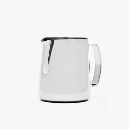 Barista Hustle Stainless Steel Milk Jug 2.0 on white background Basic barista coffee Gear