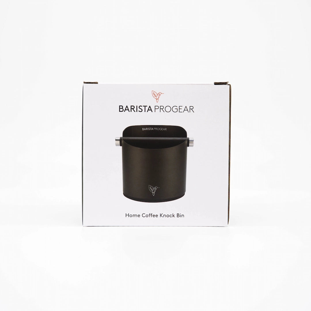 Black cylindrical coffee knock box container on a white background. Barista Supplies Matte Black Metal Barista Knock Box - Coffee Gear Online Basic Barista